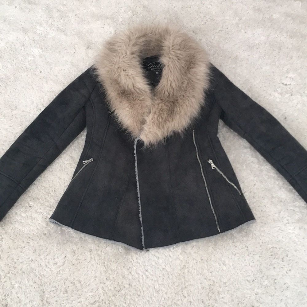 Guess Faux Fur Faux Shearling Coat Dark Gray